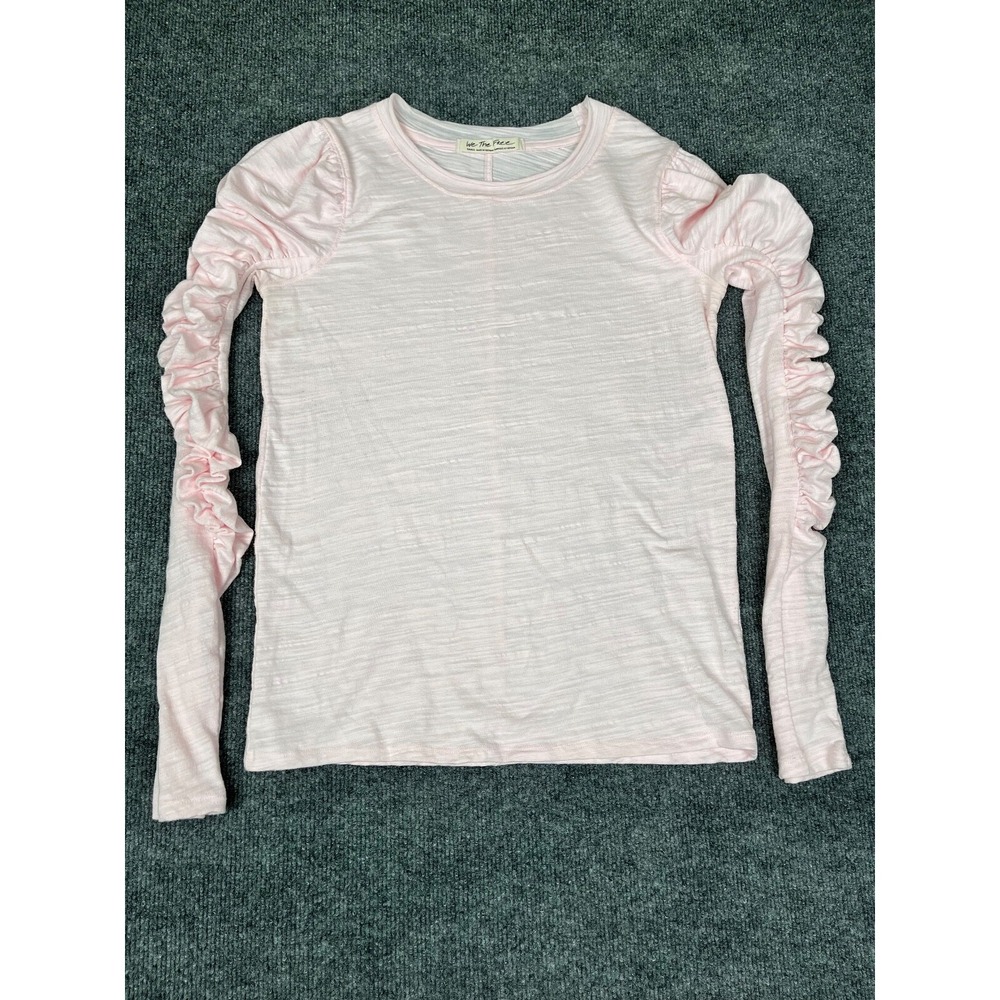 We The Free Free People Pink Knit Natasha Ruched Ruffle Long Sleeve Top Size S